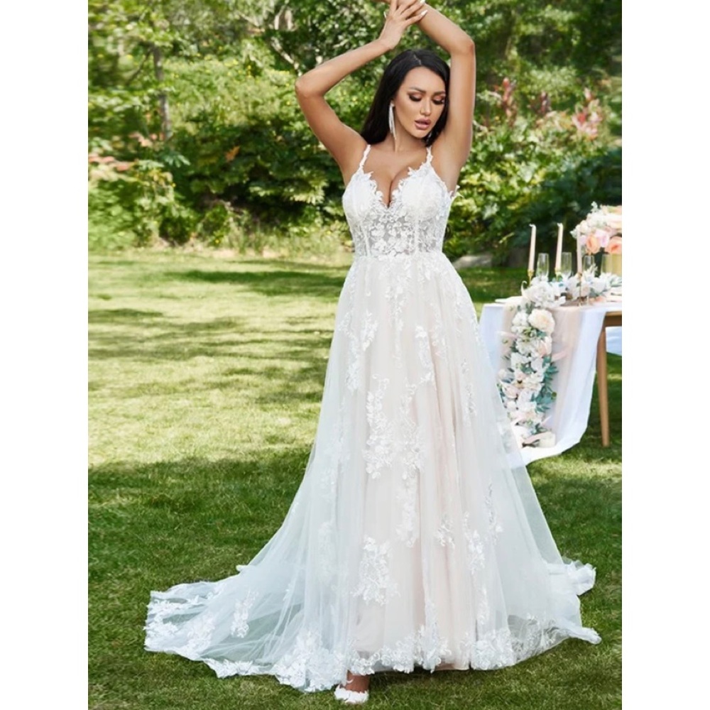 A-line princess lace appliqué Vneck sleeve less sweep brush train wedding dress